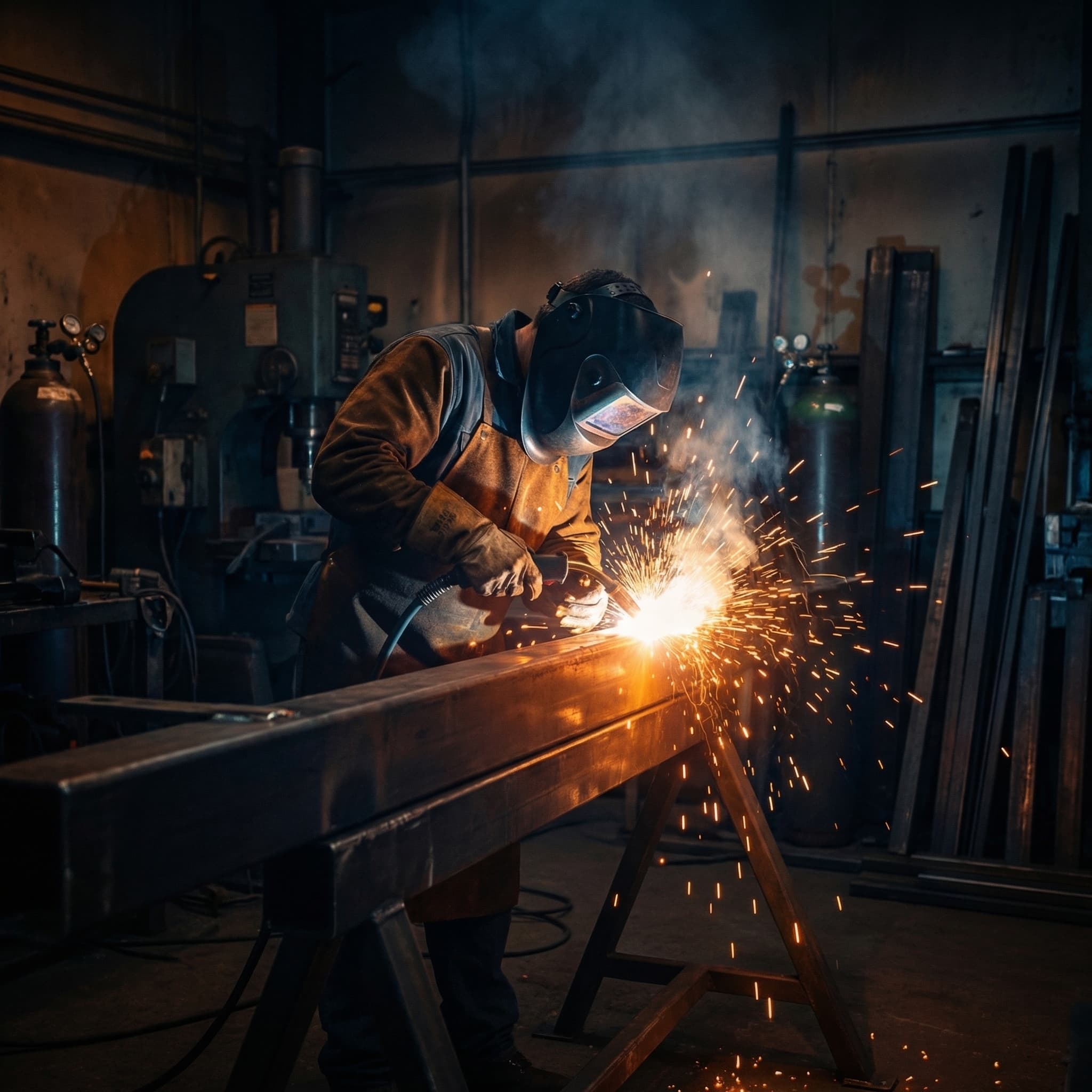 Welder working on steel beam with bright sparks — steel welding in Naples FL