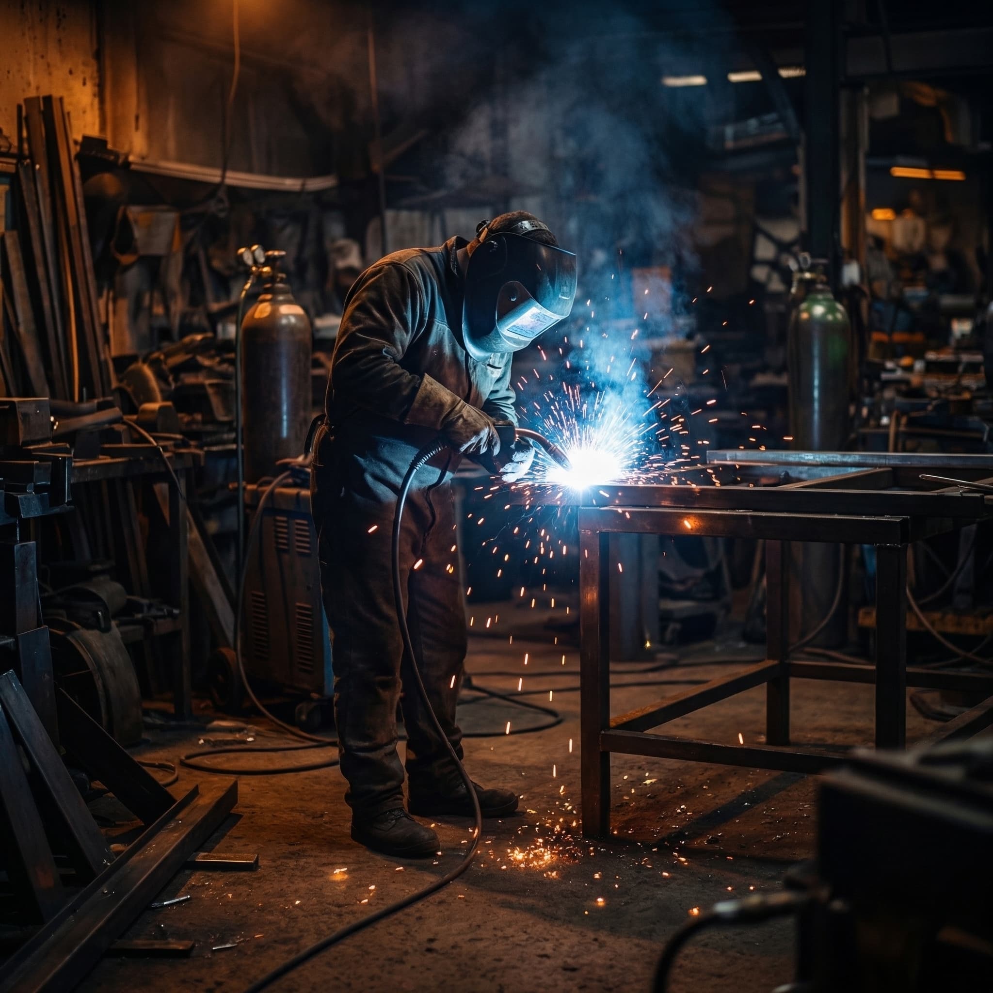 Welding a steel frame in the shop — custom metal fabrication