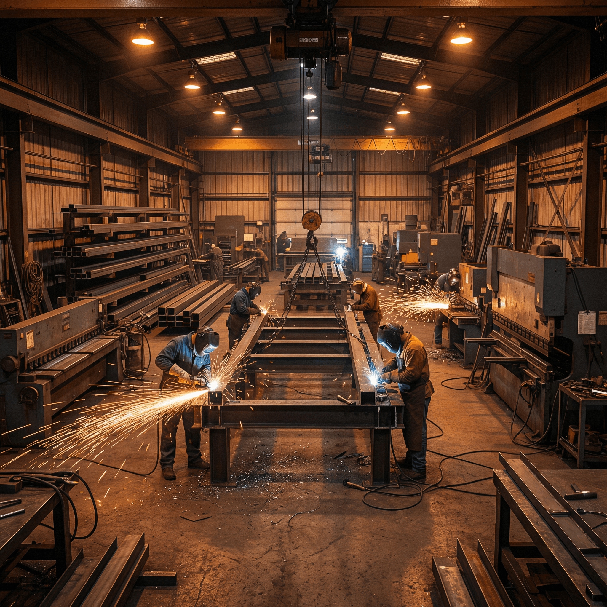 Large fabrication shop with multiple welders on structural steel
