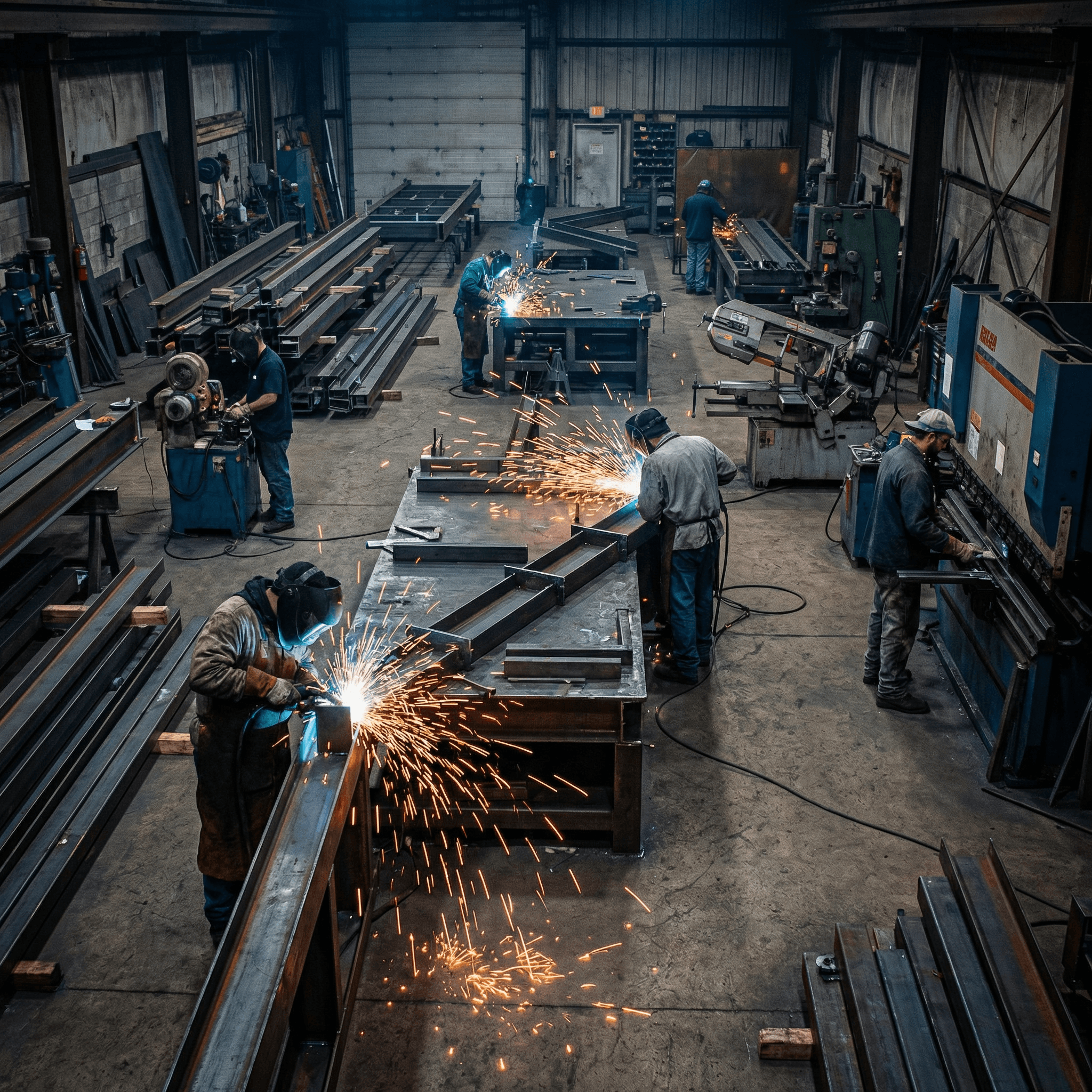 Fabrication shop crew grinding and welding steel beams